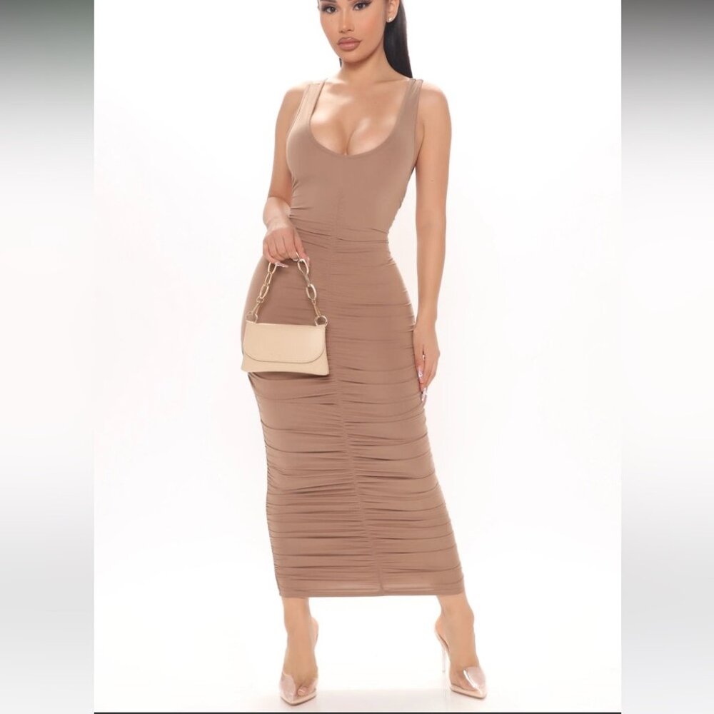 Fashion Nova Chasing Desire Ruched Midi Dress - Taupe